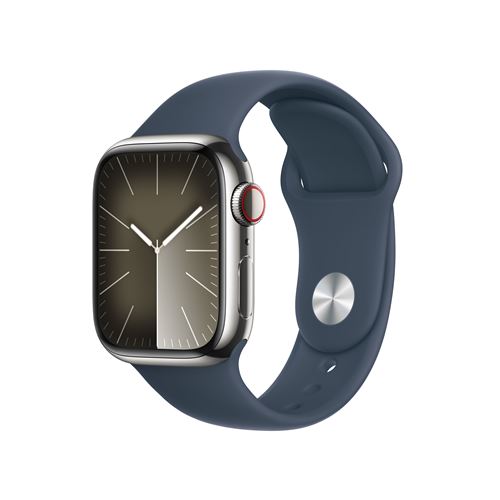 Apple Watch S9 LTE 41mm Caja de acero inoxidable Plata y correa deportiva Azul tempestad - Talla S/M