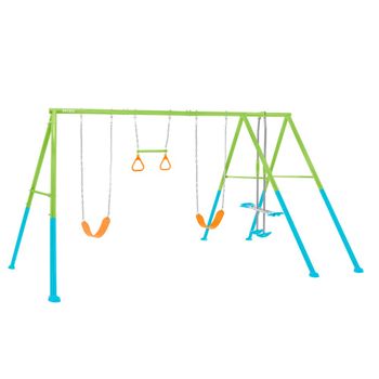 Columpio De Metal Infantil Doble Para Jardín Con Balancín Y Trapecio 467x255x210 Cm, Ajustable En Altura - Intex, Azul, Verde Y Naranja