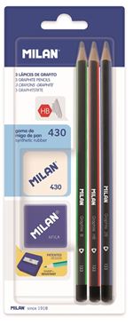 Blíster Milan 3 lápices de grafito triang. + sacapuntas Afila + goma 430 NUEVO DISEÑO