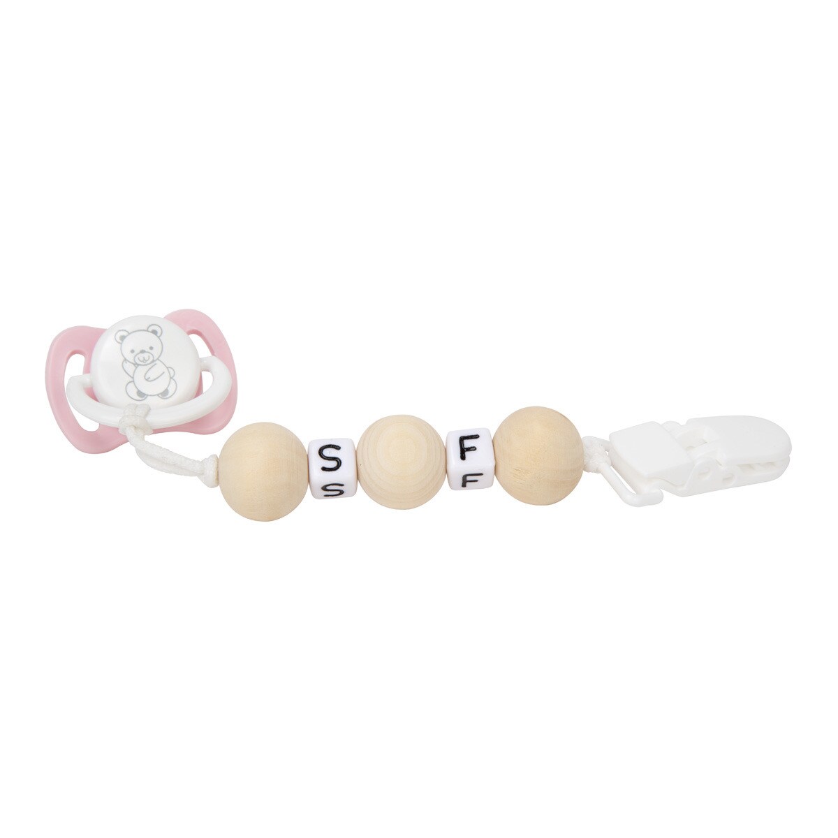 Muñecas Arias - Set Chupete Rosa/Blanco Con Cadena De Bolas De Madera Y Pinza Blanca