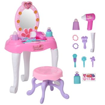 Homcom Tocador De Para +3 Años Con 16 Accesorios Función De Música Y Luces Mesa De Tocador Con Taburete Espejo 36x20x59,5 Cm Rosa