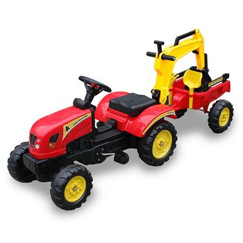 Tractor A Pedales Con Remolque Y Retroexcavadora Color Rojo