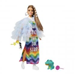 Barbie - Muñeca Morena Articulada Con Vestido Arcoiris, Accesorios De Moda Y Mascota Extra