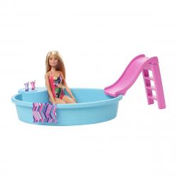Barbie - Muñeca Rubia De 30 Cm Con Piscina, Tobogán Y Accesorios