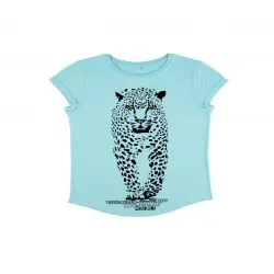 Animal totem camiseta manga corta algodón orgánico jaguar turquesa para mujer
