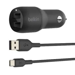 Cargador dual para coche Belkin BoostCharge USB-A 24 W + Cable USB-C  Negro