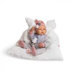 Muñeco New Born Niña 45 Cm Con Almohada Blanca Y Pijama Gris De Lana Con Babero (berjuan - 8108)