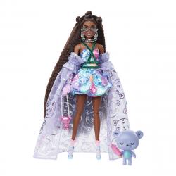 Barbie - Extra Fancy Look Ositos Muñeca Morena Con Vestido En Tonos Morados, Bata, Osito Y Accesorios De Moda (Mattel HHN13)