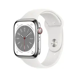 Apple Watch S8 45mm LTE Caja de acero inoxidable Plata y correa deportiva blanco