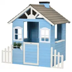 Casita Infantil De Madera Con Puerta Ventanas Macetas Azul Outsunny