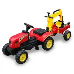 Tractor A Pedales Con Remolque Y Retroexcavadora Color Rojo